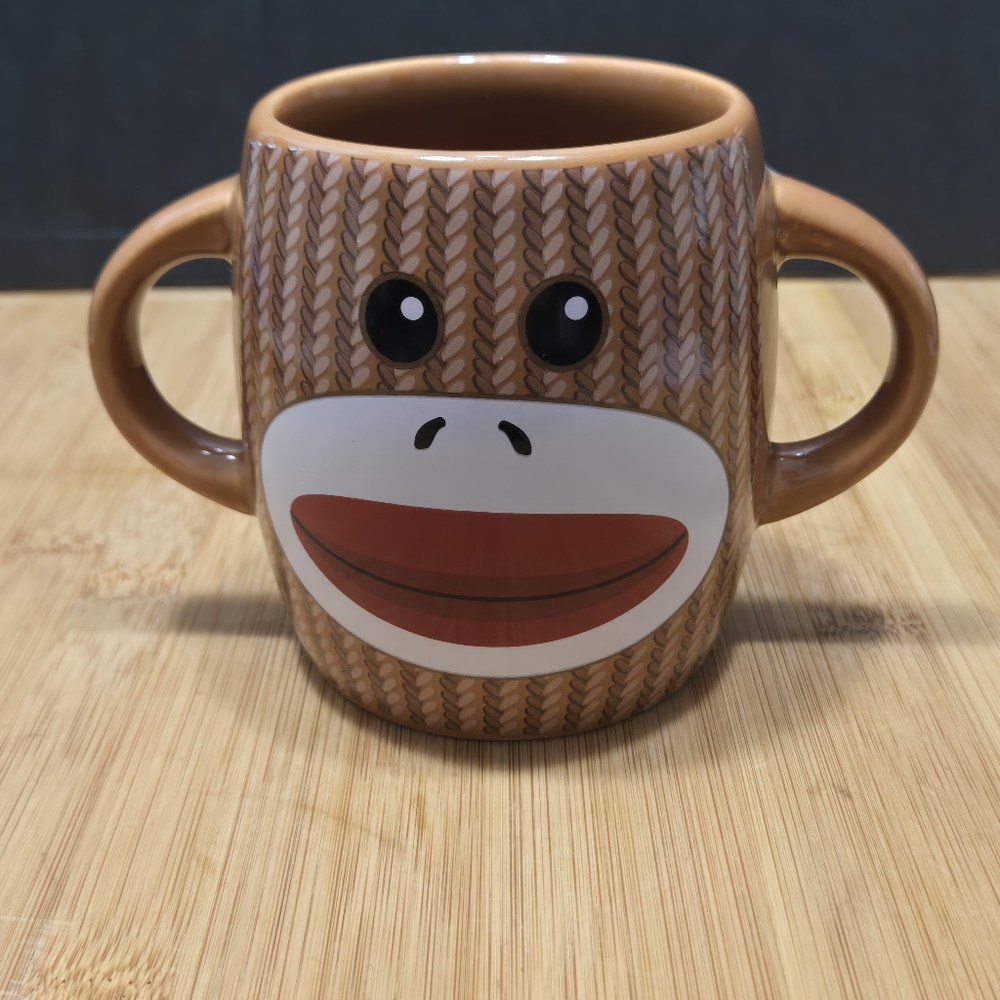 Retro Knitted Sock Monkey Ceramic Dual Handled Mug ~  Dual-Sided ~ By GALERIE